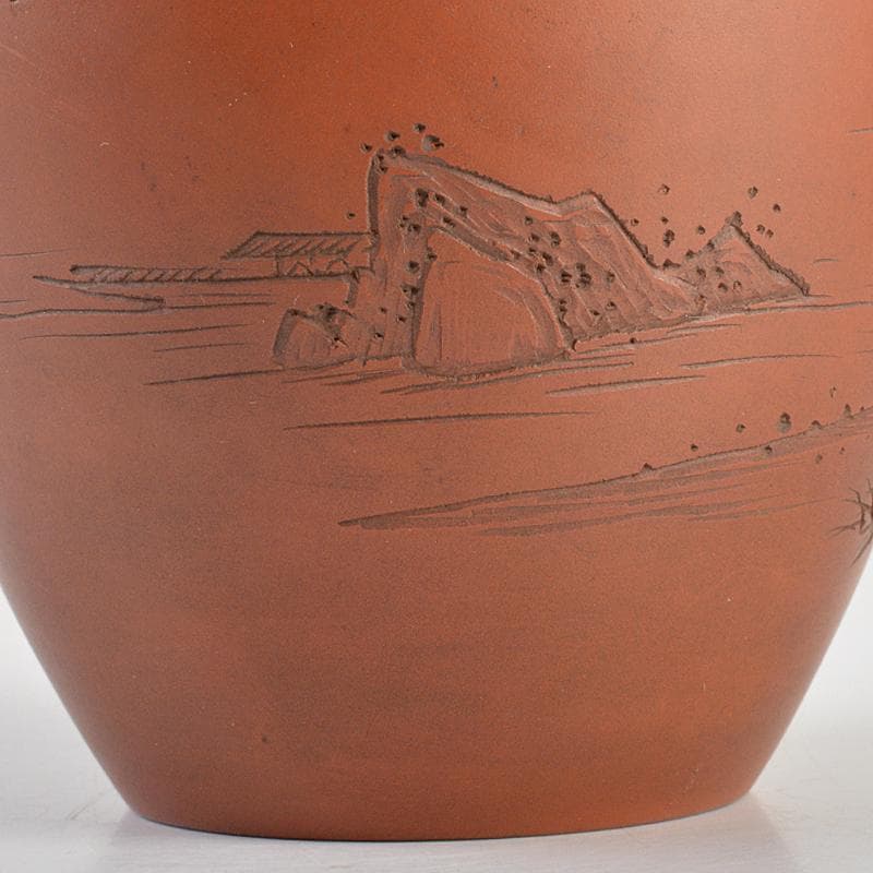 常滑焼 水川玉斎 朱泥 細字漢詩山水文 茶壷 茶心壷 時代箱付 D R7354B