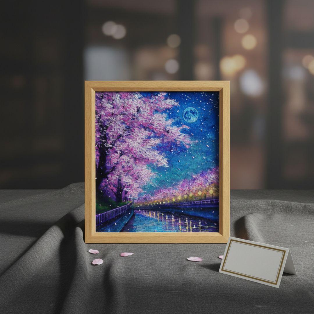 真作】油絵「青い満月の夜桜」原画 額装済み 幻想的な風景画 ギフトに