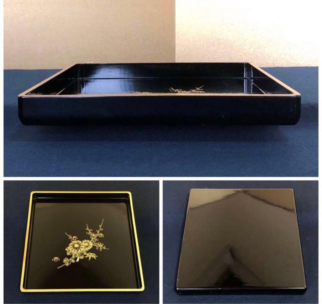 《レ》黒内朱 沈金図 二段重 替蓋 重台付 木製漆器 木箱251113え1