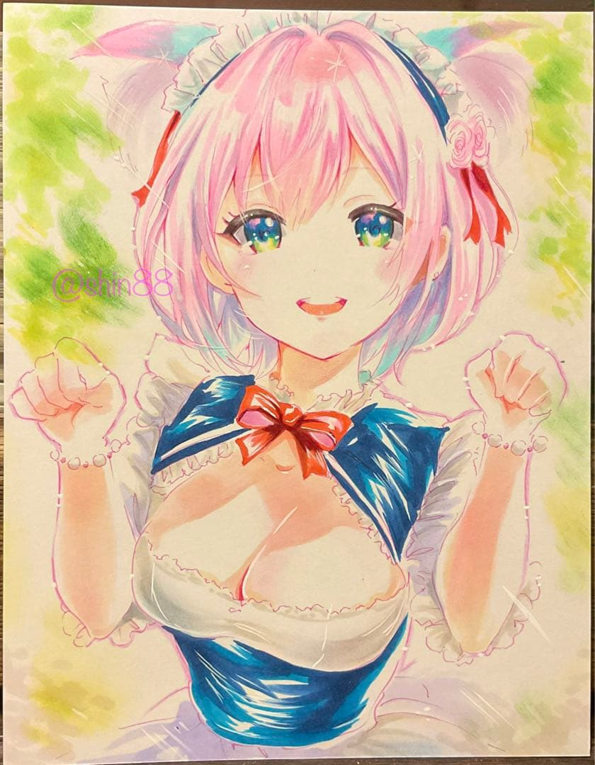 手描きオリジナルイラスト ピンク髪メイド服のかわいい女の子 アナログ