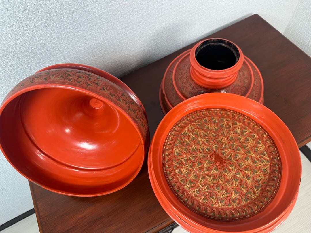 ミャンマー アンティーク 漆器 蒟醤 仏塔形 供物器 高さ約62cm ※31