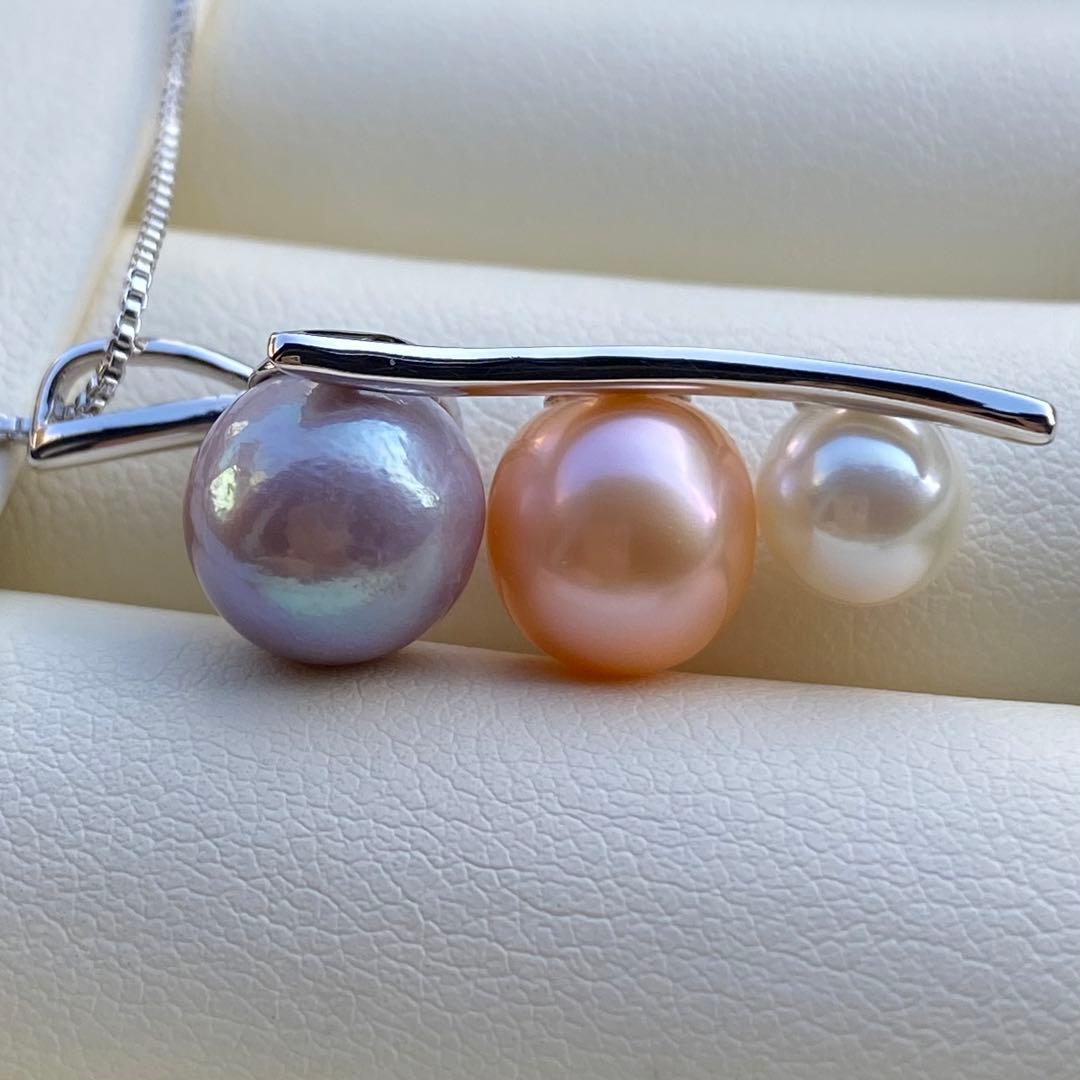 本真珠 淡水エジソンパールネックレストップ 3粒PT577+L856まとめ