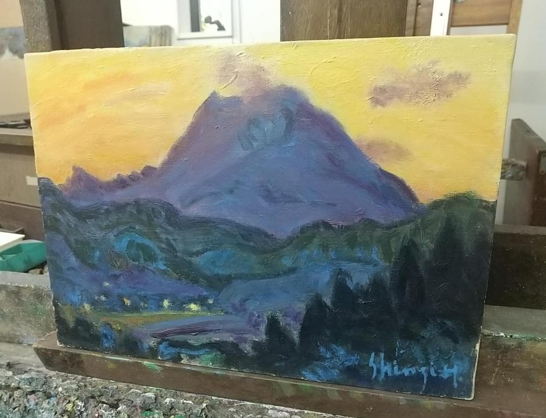 油彩画 「浅間夕景」油絵 絵画 F4 風景画 アート 額装 額縁 古径