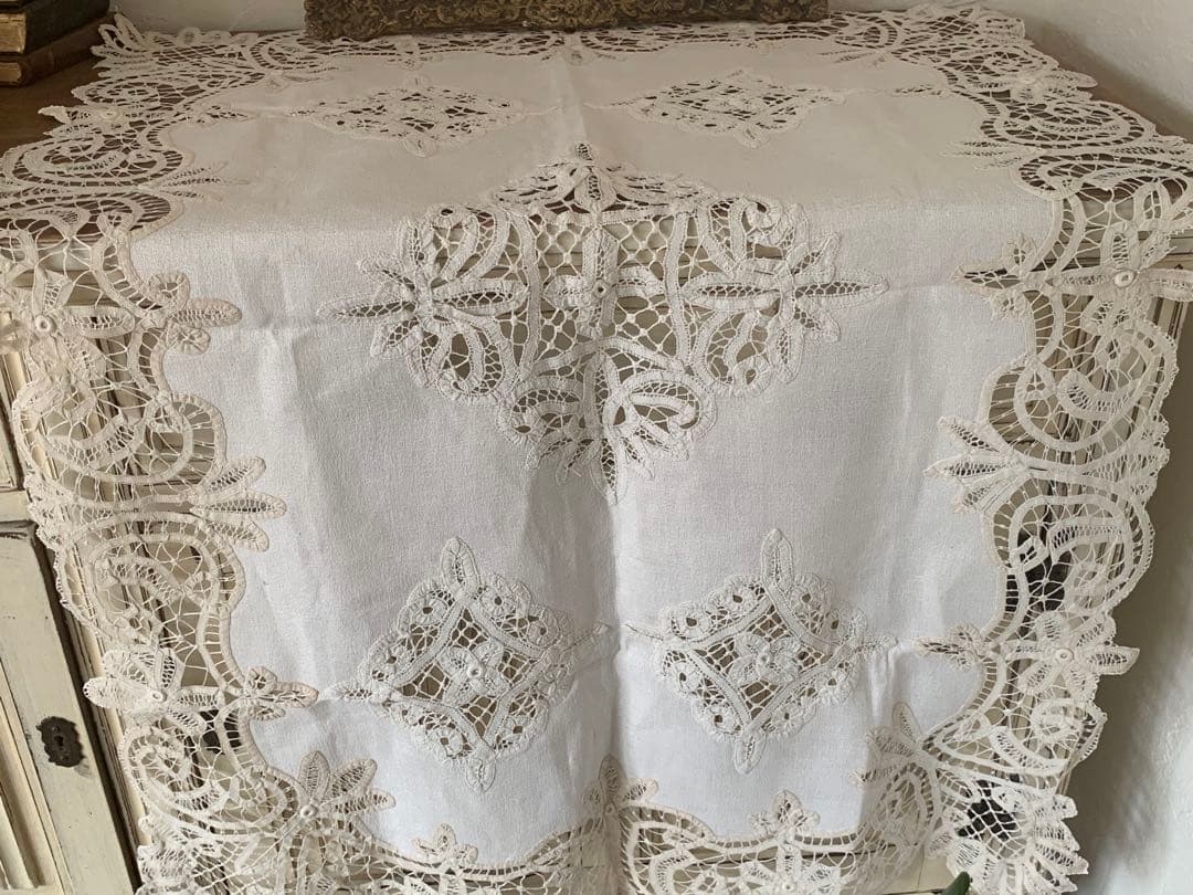 iori バテンレース　テーブルクロス　ハンドワーク　蚤の市 正方形) フランス アンティーク フィレレース テーブルクロス カーテン