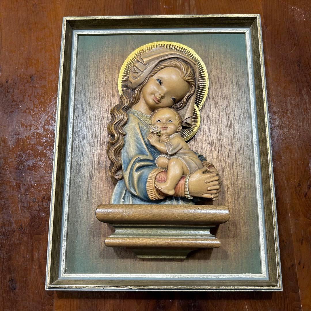 希少【ANRI 聖母子像】アンリ 壁掛け フェランディス 総木彫り 彫刻師