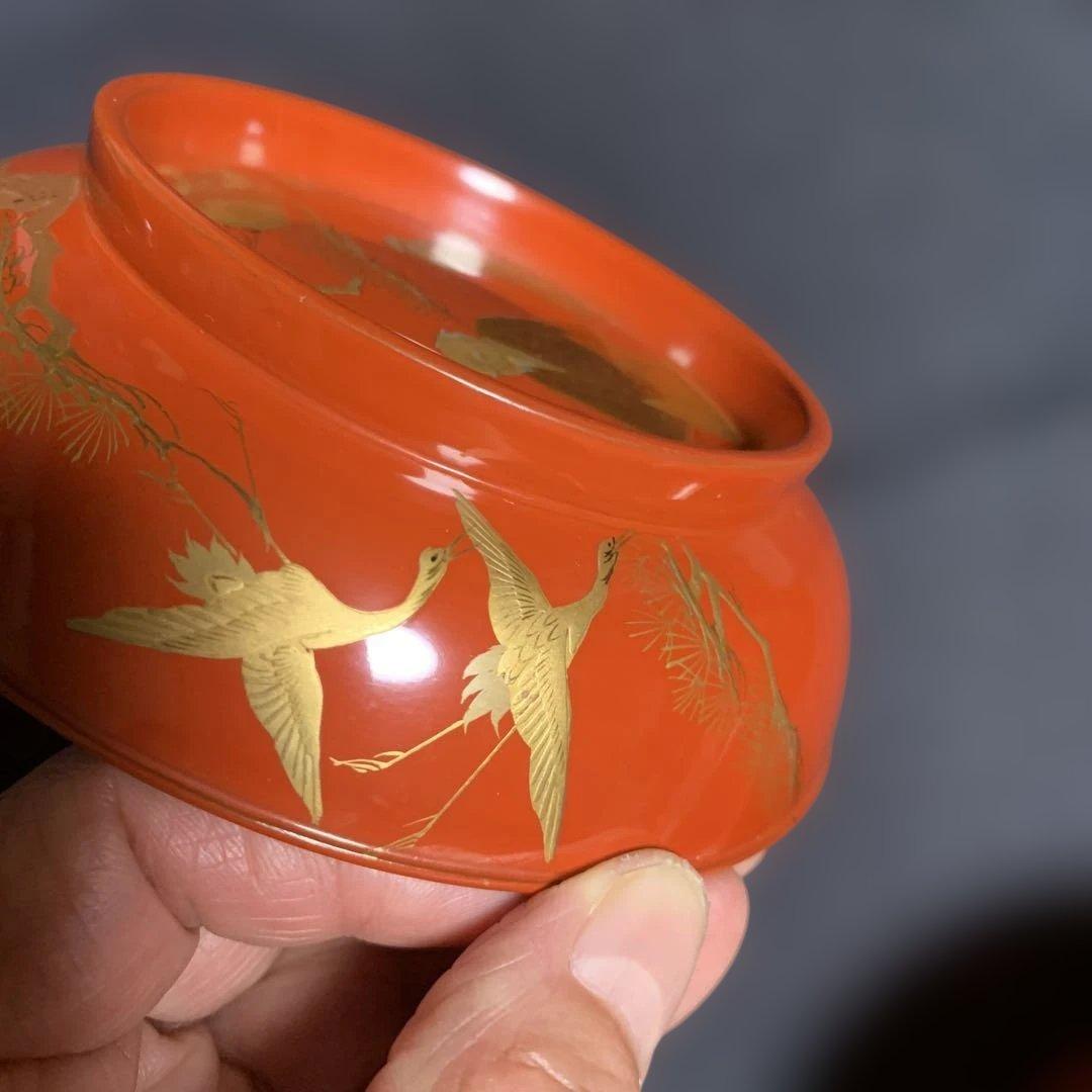 蓋向　木製手描き金彩絵　尾上の爺婆・鶴亀・松竹梅　盛金蒔絵　向付け　煮物椀　3客