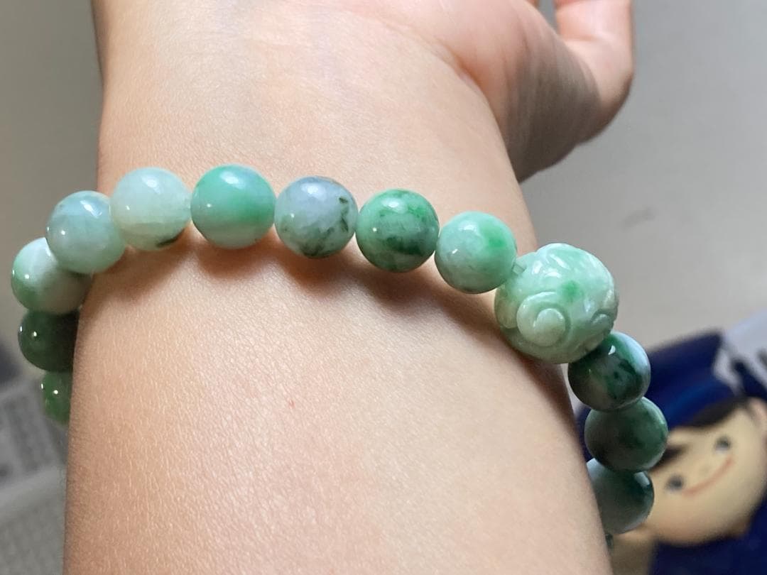 BR7-44 花緑 9.8mm 彫り花珠 ミャンマー産A貨 本翡翠 ブレスレット