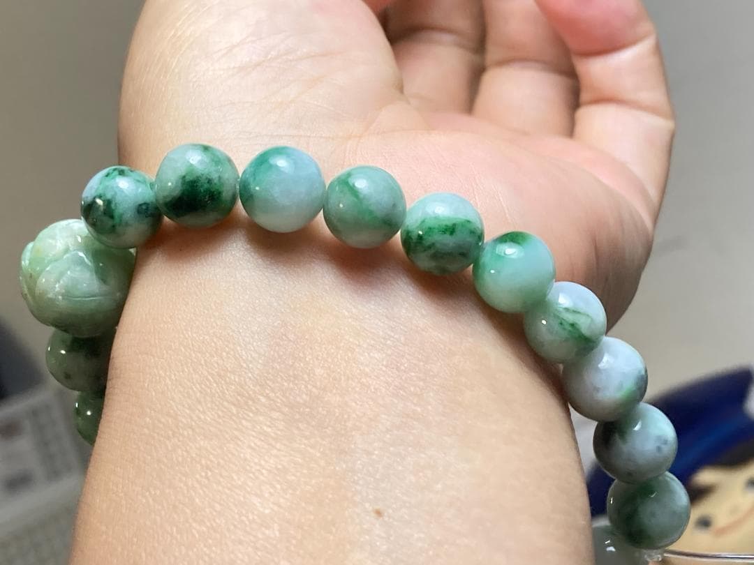 BR7-44 花緑 9.8mm 彫り花珠 ミャンマー産A貨 本翡翠 ブレスレット