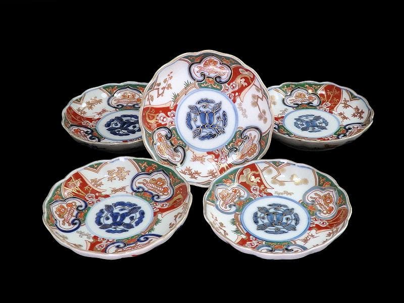 古伊万里　金襴手　窓絵　宝尽くしに松竹梅の図　4寸皿　５枚　B091AS-CZa 古伊万里 金襴手 垣根に松竹梅 獅子に牡丹図 7寸皿