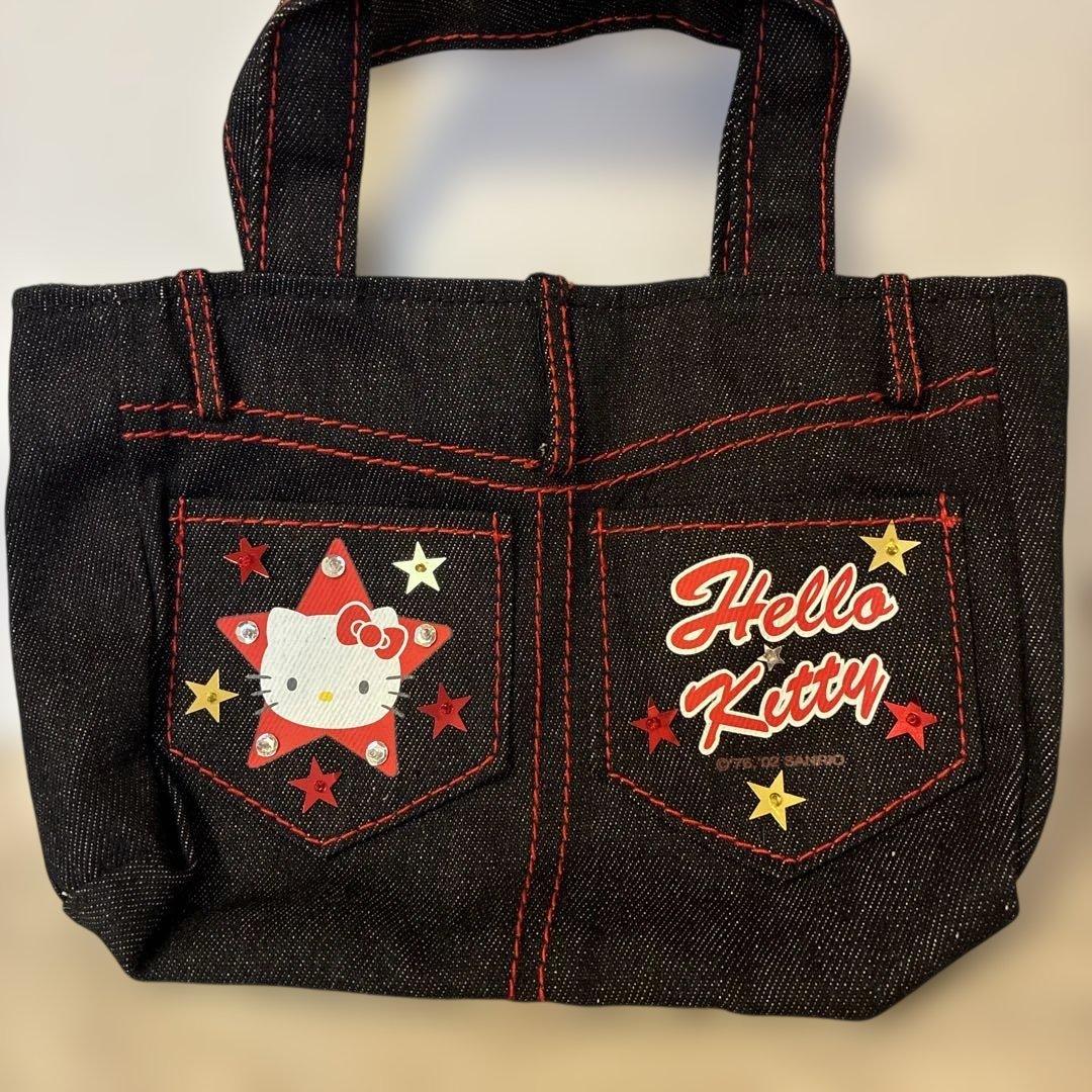 平成レトロハローキティ ブラックデニムトートバッグ即購入OK - メルカリ