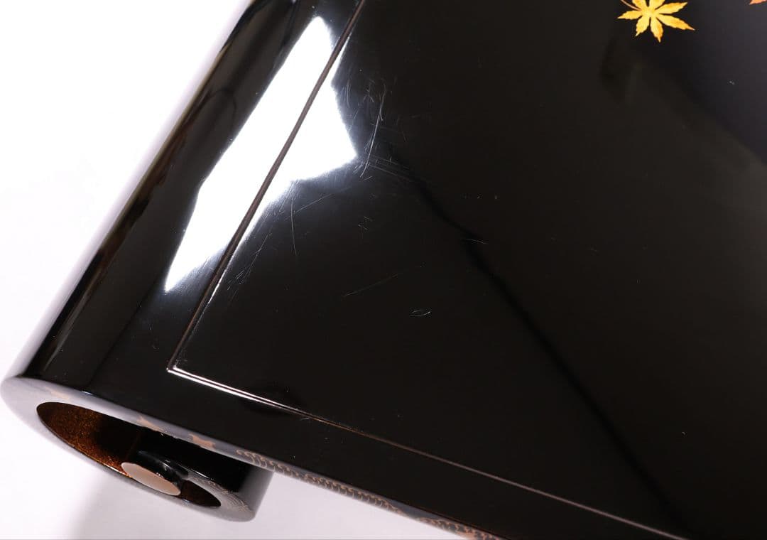 漆芸 紅葉桜 波千鳥 蒔絵 巻足 平卓 花台 黒塗 梨地 木製