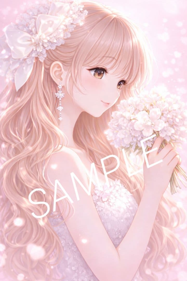 女の子 イラスト 美少女 花束 春 桜 かわいい 優しい 横顔 No.445