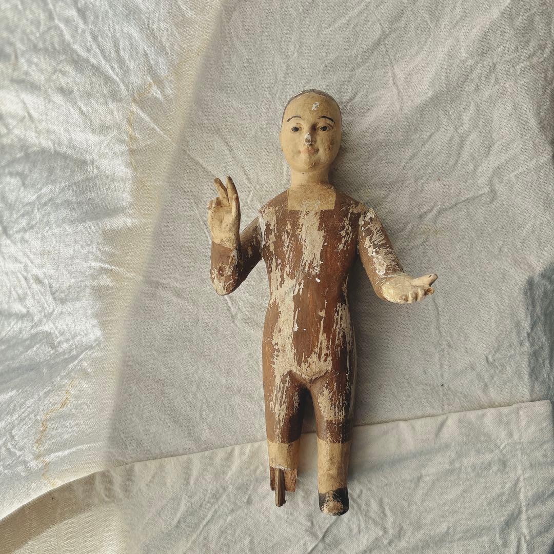 木彫彩色　幼子キリスト像　聖品　ブロカント　フランス　アンティーク フランスアンティーク 聖母マリア様の石膏像 幼子のイエス・キリスト像