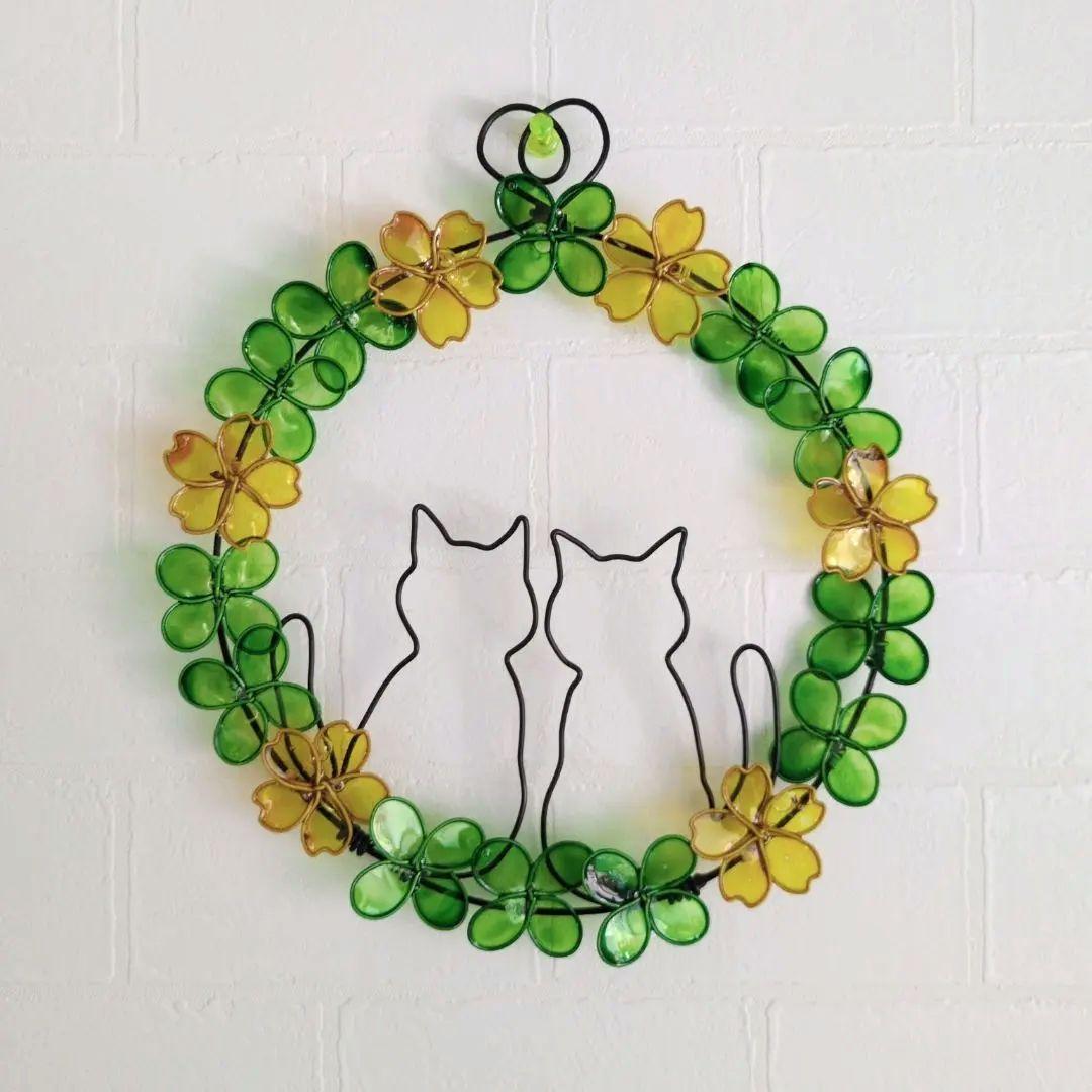 猫と花のリース ディップアート ワイヤーアート ワイヤークラフト ねこ