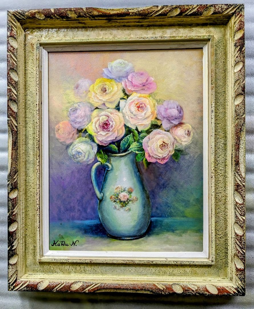 画家haru油彩画F6号＊薔薇＊肉筆画＊原画、一点物＊静物画。 大野玉視 「バラ」 肉筆 油彩画 6号 額装 p-137 : アンティーク慈光
