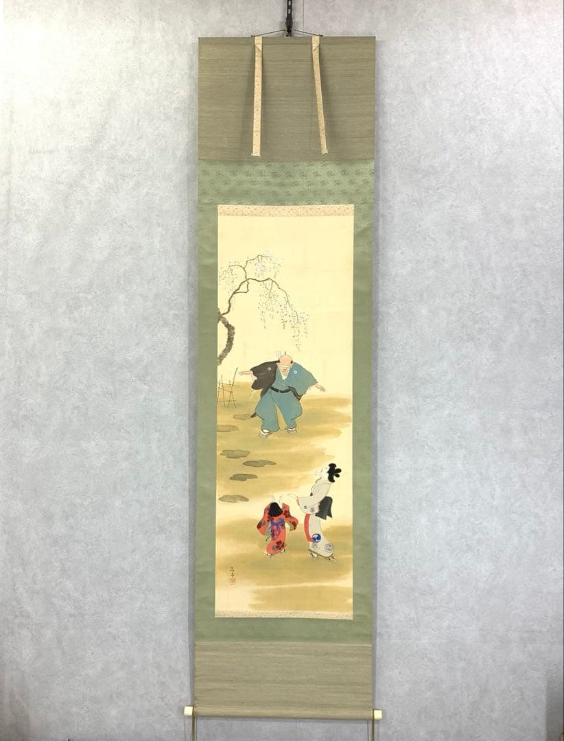 掛軸 遊び図 大石内蔵助 桜 人物 木箱 3-26 掛軸 遊び図 大石内蔵助 桜 人物 木箱 3-26