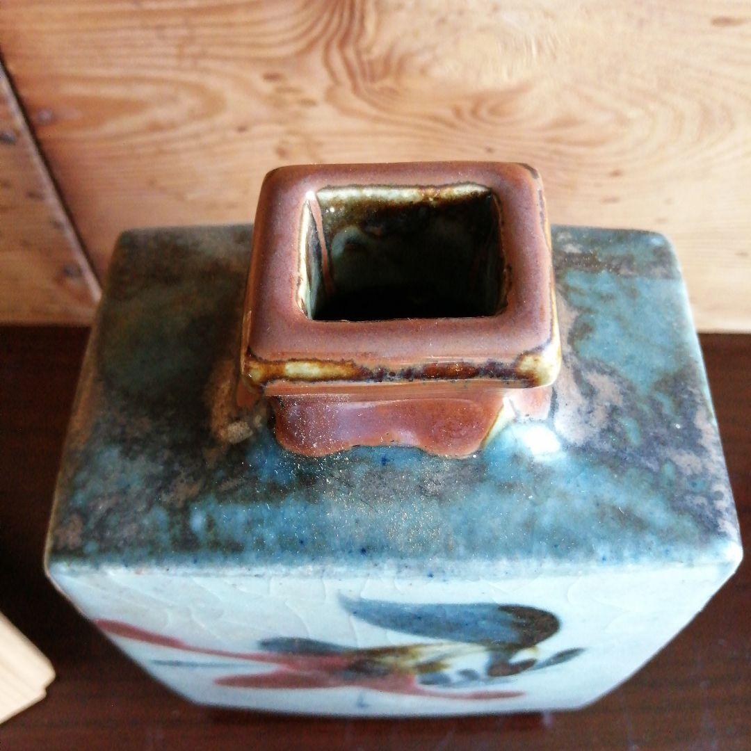 益子焼　河井武一　花紋角壺　18.5cm