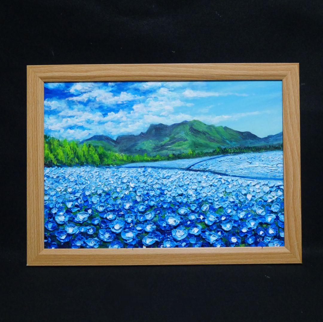 油絵 油彩 油彩画 絵 絵画【くじゅう花公園のネモフィラ畑】 - メルカリ