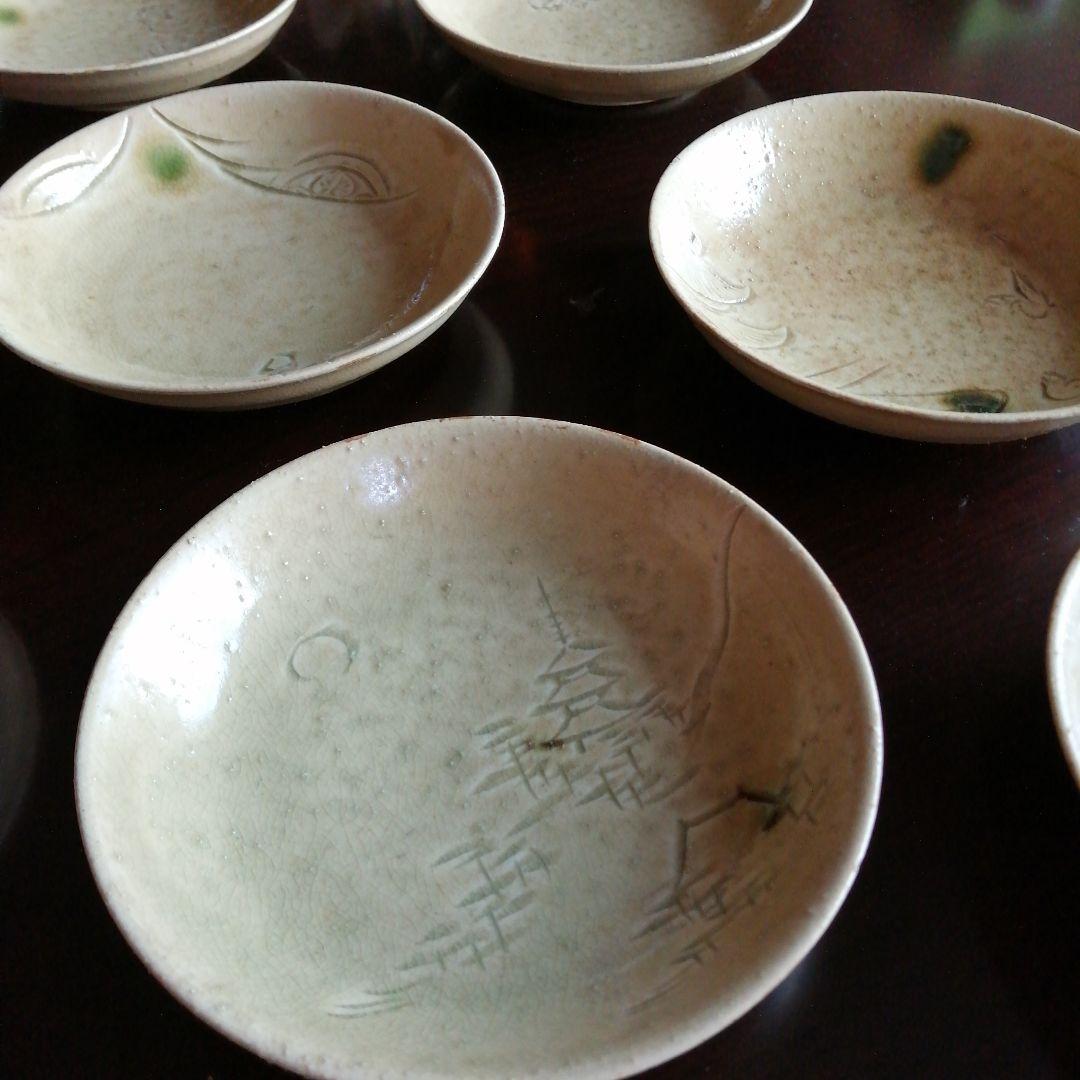 加藤誠逸　名古屋十名所黄瀬戸向付皿　14.5cm　10枚　明治〜昭和初期