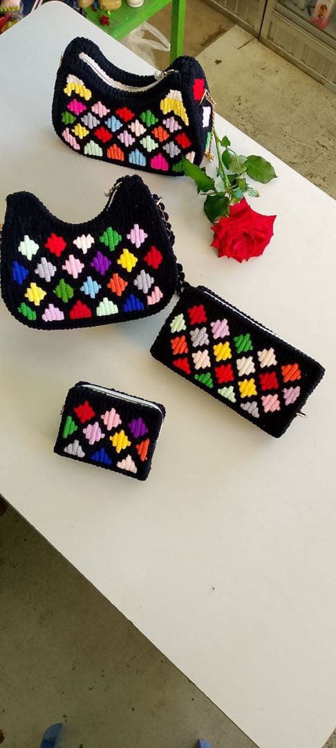 カラフルダイヤモンドパターン編み物 3個セット グラデーションウール活用‼】カラフル♪ダイヤモンドワッフルステッチ