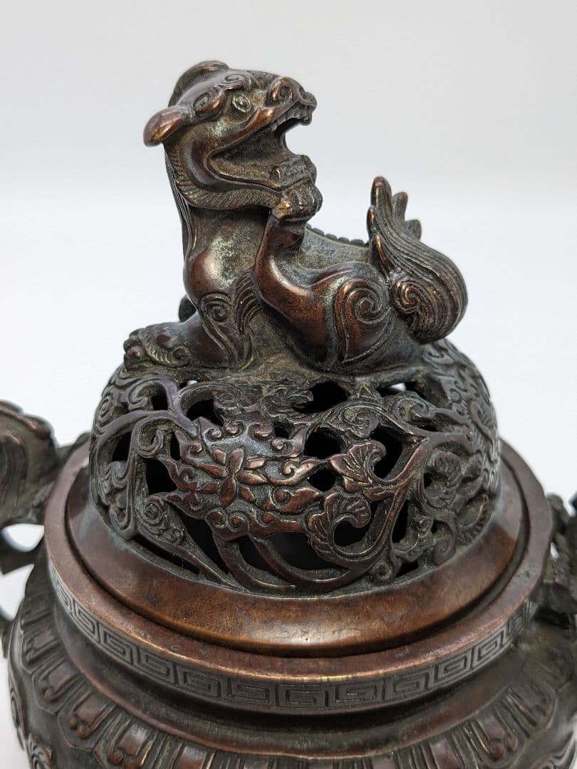 唐銅 三足獅子頭香炉 獅子摘み香炉 中国美術 乾隆年製 鋳銅 銅器 工芸