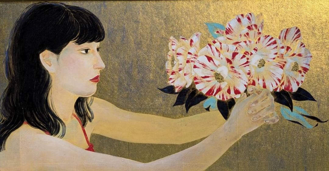 真作】絵画 石踊紘一 日本画 花椿 良作 金地 美人画 箱・黄袋入 W111