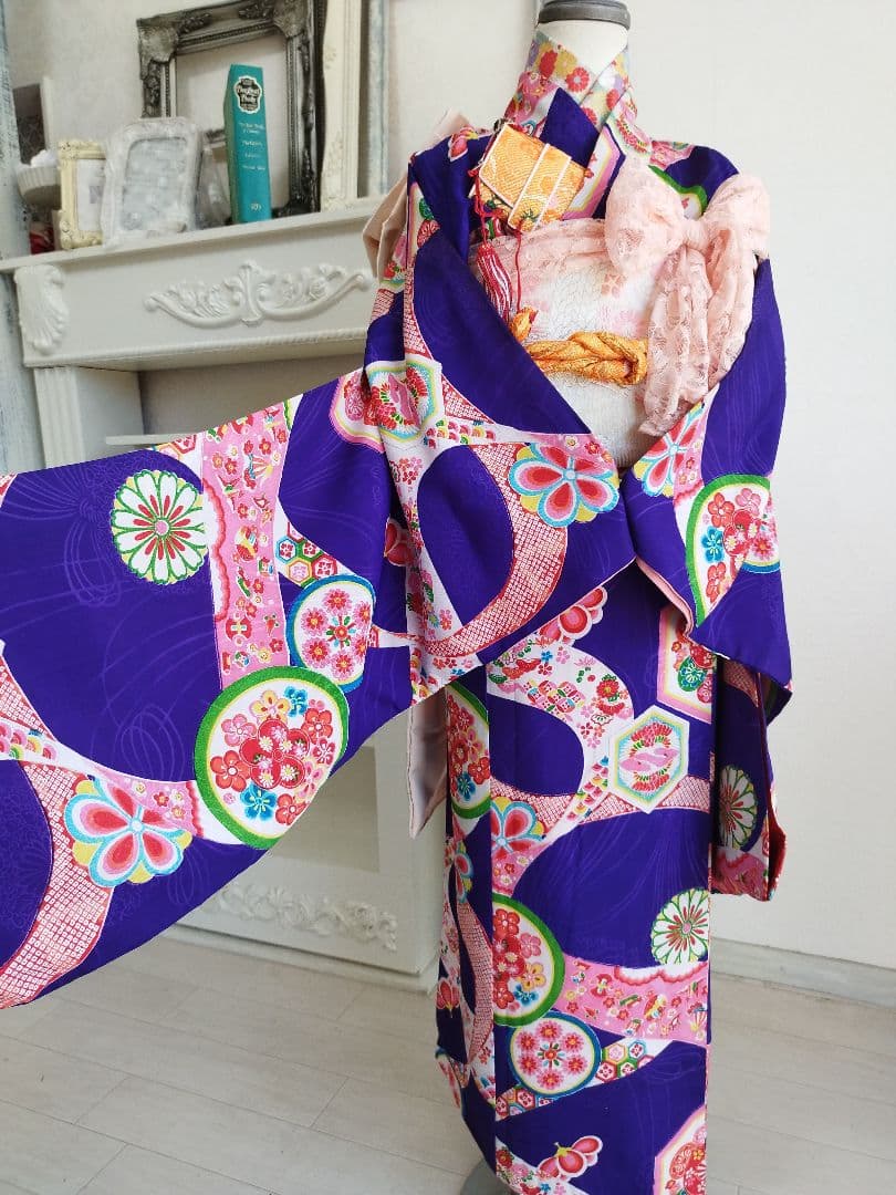 アンティーク青紫の着物単品 青紫色 遊ぶ童子 - からん::アンティーク着物・リサイクル着物の通販サイト