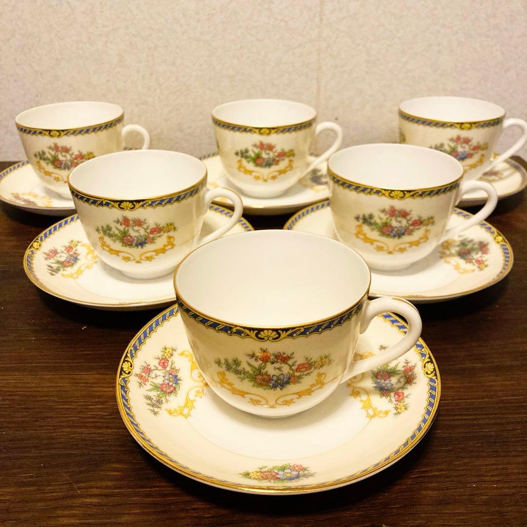 レトロ オールドノリタケ ヤジロベー印 ティーカップ・ソーサー 青6客