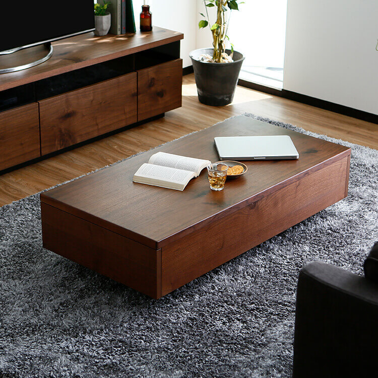 国産リビングテーブル(ウォルナット/オーク)両サイド収納付きで湿気